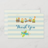 動物のおもちゃ列車と飛行機にストライプ感謝 サンキューカード (正面/裏面)