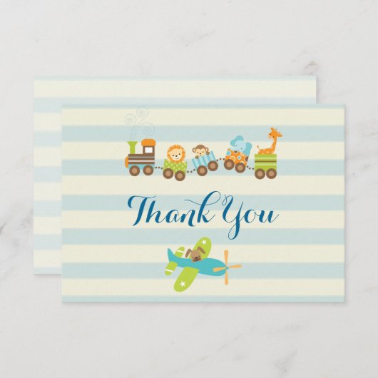 動物のおもちゃ列車と飛行機にストライプ感謝 サンキューカード (正面/裏面)