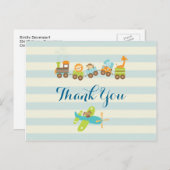 動物のおもちゃ列車と飛行機にストライプ感謝 ポストカード (正面/裏面)