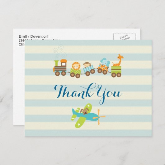 動物のおもちゃ列車と飛行機にストライプ感謝 ポストカード (正面/裏面)