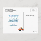 動物のおもちゃ列車と飛行機にストライプ感謝 ポストカード (裏面)