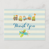 動物のおもちゃ列車と飛行機にストライプ感謝 ポストカード (正面)