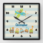 動物のおもちゃ列車と飛行機ストライプのカスタム スクエア壁時計 (正面)