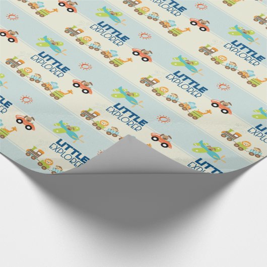 動物のおもちゃ列車の車と上のストライプ飛行機 ラッピングペーパー (角)