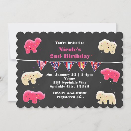 動物のお菓子 バースデーパーティーのスパンコール招待状 招待状 (正面)