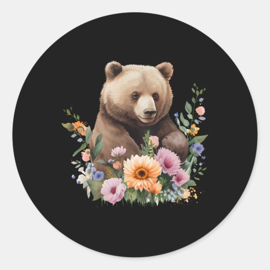 動物のクマの花の水色 ラウンドシール (正面)