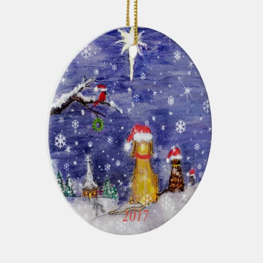 動物のクリスマスの水彩画2017年 セラミックオーナメント (右)