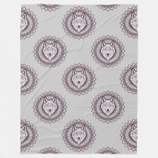 動物のクールパターン – オオカミ頭マンダラ1 フリースブランケット (正面)