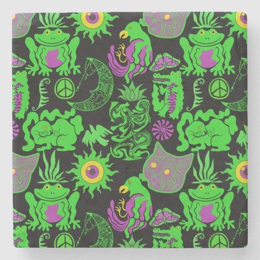 動物のサイケデリックパターン黒BG ストーンコースター (正面)