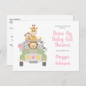 動物のサファリで可愛いピンクの女の子シャワーを運転 インビテーションポストカード (正面/裏面)