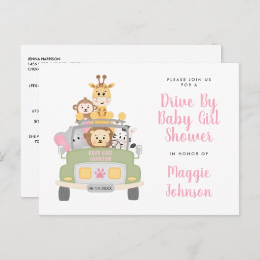 動物のサファリで可愛いピンクの女の子シャワーを運転 インビテーションポストカード (正面/裏面)