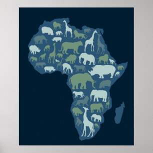 動物のシルエットが付いているアフリカの地図 ポスター