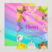 動物のスイッシュガール誕生日パーティー 招待状 (正面/裏面)