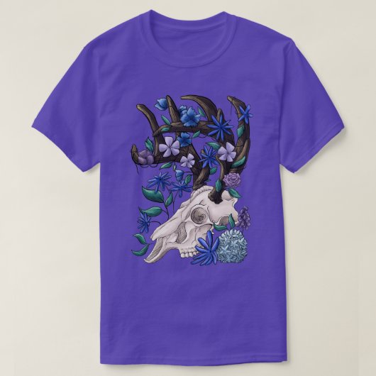 動物のスカルと青い花 Tシャツ (デザイン正面)