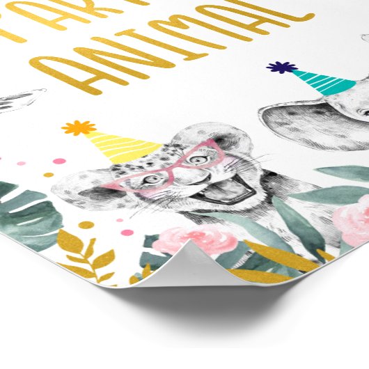 動物のパーティーピンクの金ゴールド誕生日標識を採用する ポスター (角)