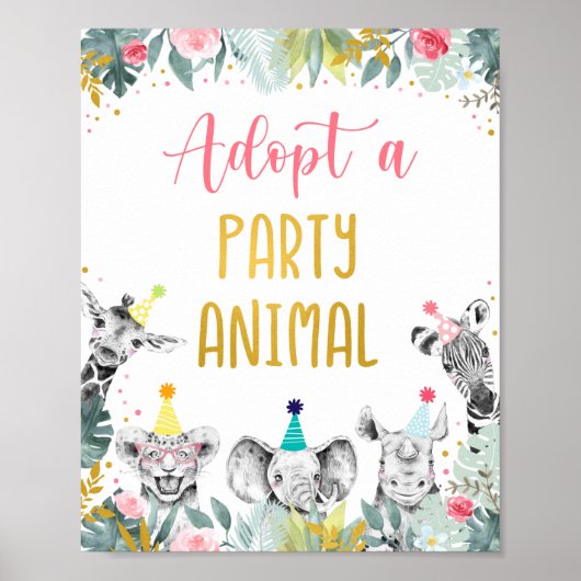 動物のパーティーピンクの金ゴールド誕生日標識を採用する ポスター (正面)