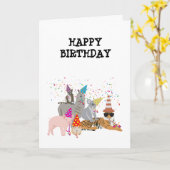 動物のパーティー – 誕生日パーティーで動物 カード (黄色い花)