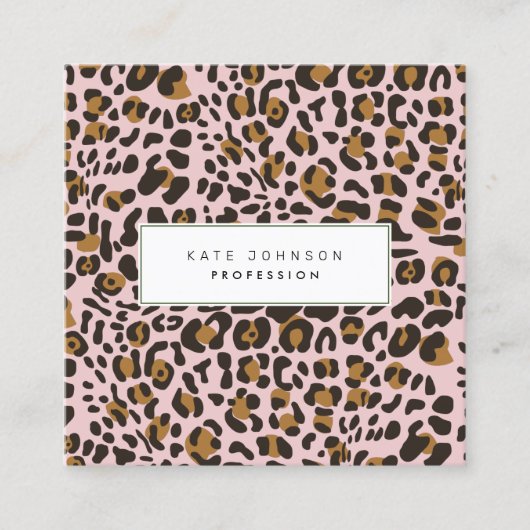 動物のヒョウ柄ピンクQRコード スクエア名刺 (正面)