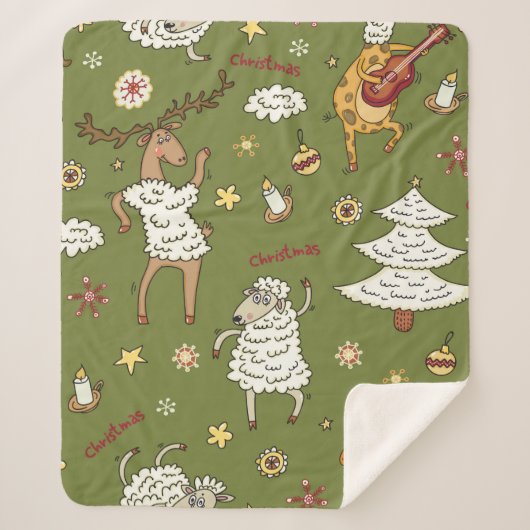 動物のビンテージクリスマス羊 シェルパブランケット (正面)
