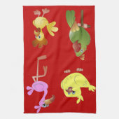 動物のピンクのフラミンゴのひよこが付いている赤い台所タオル キッチンタオル (縦)