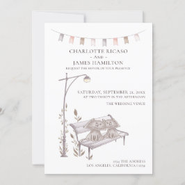 動物のベンチに座った猫結婚たち 案内状