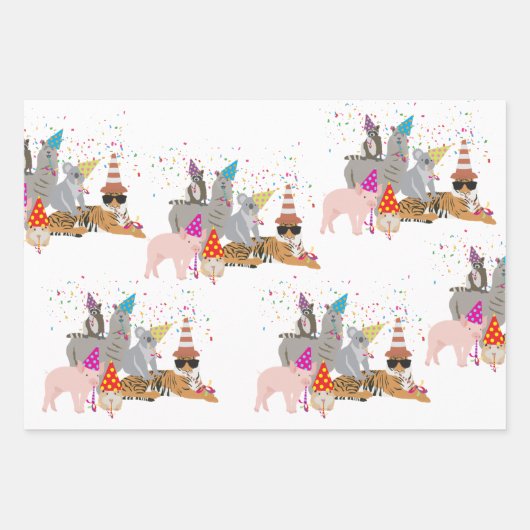 動物の交流 – かわいい動物たちと一緒にパーティー ラッピングペーパーシート (正面2)