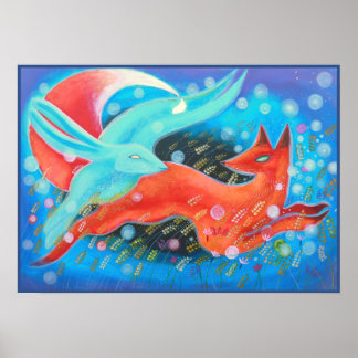 動物の写真，キツネとウサギ。 ポスター