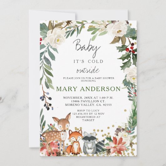 動物の冬の森の森の森の赤ちゃんシャワー 招待状 (正面)