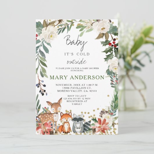 動物の冬の森の森の森の赤ちゃんシャワー 招待状 (スタンド正面)
