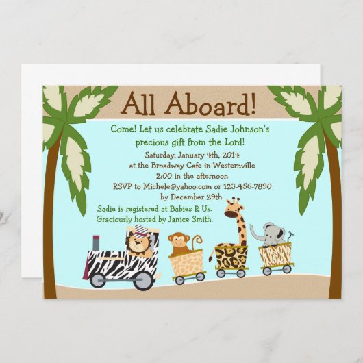 動物の列車のキリスト教のベビーシャワーの招待状 招待状 (正面/裏面)
