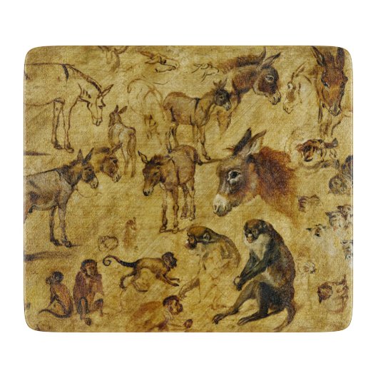 動物の勉強：ロバ、サル、猫と犬 カッティングボード (正面)