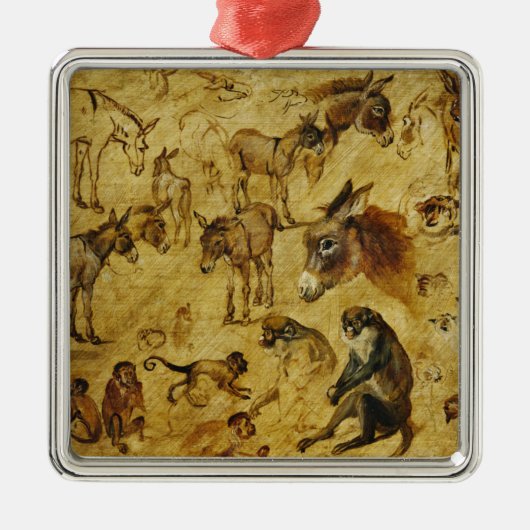 動物の勉強：ロバ、サル、猫と犬 メタルオーナメント (正面)