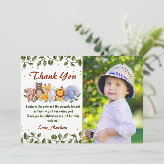 動物の友だち動物園パーティー緑の誕生日写真 サンキューカード (スタンド正面)