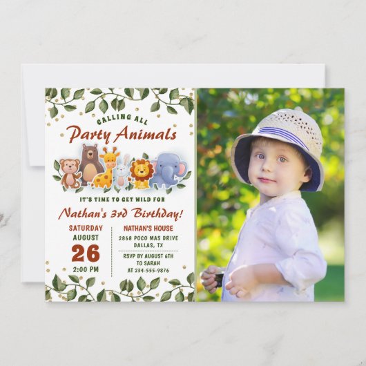 動物の友だち動物園パーティー緑の誕生日写真 招待状 (正面)