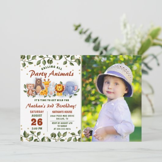 動物の友だち動物園パーティー緑の誕生日写真 招待状 (スタンド正面)