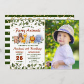 動物の友だち動物園パーティー緑の誕生日写真 招待状 (正面/裏面)