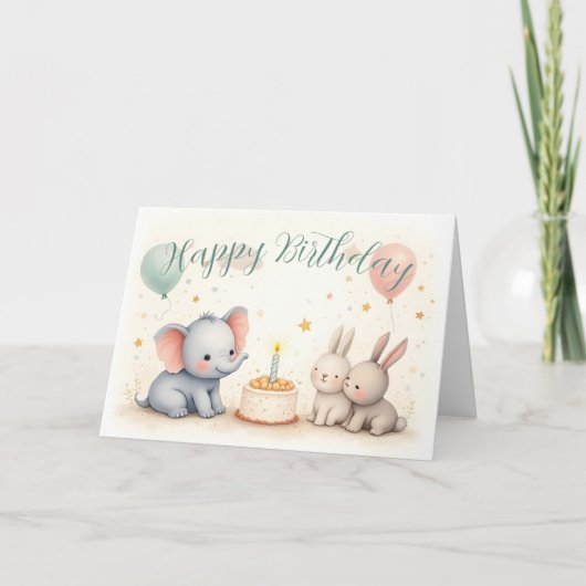 動物の友達と可愛い誕生日グリーティング カード (正面)