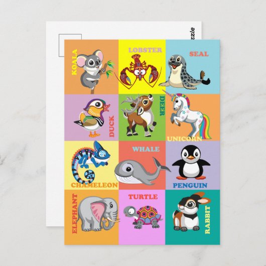 動物の名前と動物の写真 ポストカード (正面/裏面)