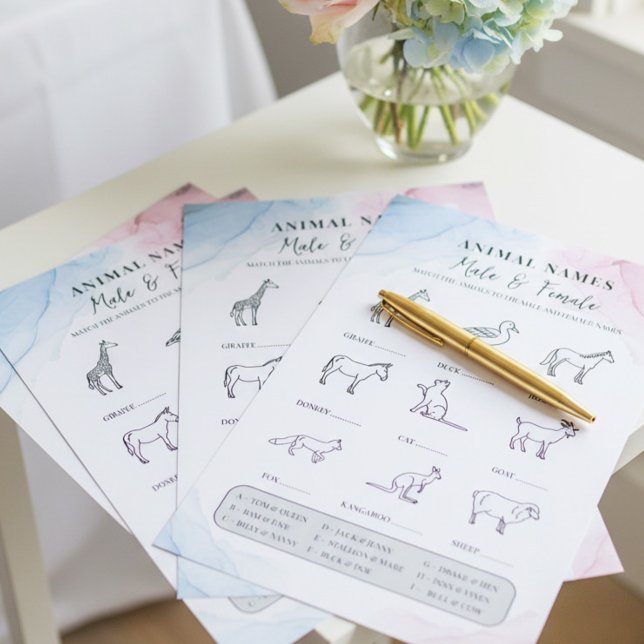 動物の名前 雄と雌 ピンク ブルー クイズゲーム (Male and Female Animal Names quiz game for baby shower or gender reveal)