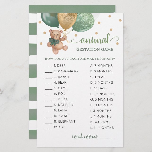 動物の妊娠ゲームセージ緑テディベア (正面/裏面)