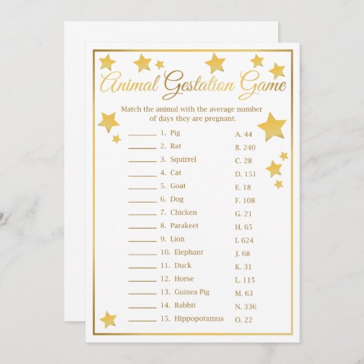 動物の妊娠金ゴールドスター赤ちゃんシャワーゲーム 招待状 (正面/裏面)