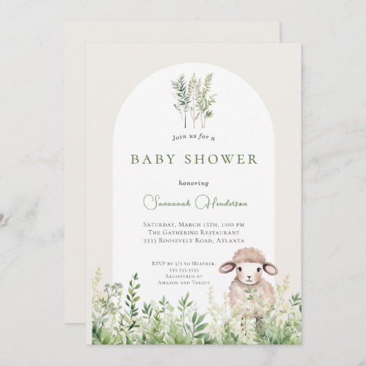 動物の子羊の森の赤ちゃんシャワー 招待状 (正面/裏面)