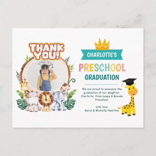 動物の幼稚園の写真卒業ありがとう ポストカード (正面)