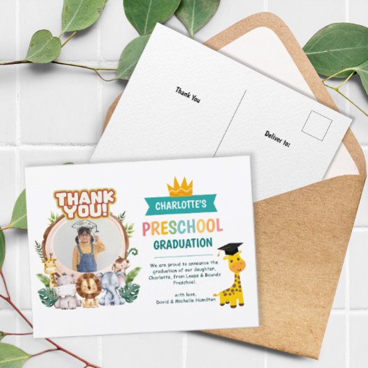 動物の幼稚園の写真卒業ありがとう ポストカード