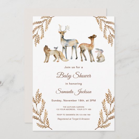 動物の森の森の赤ちゃんシャワー 招待状 (正面/裏面)