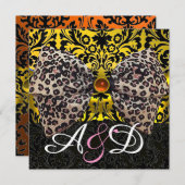 動物の毛皮のプリントボウ　ゴールド　ブラック　ダマスク　モノグラム 招待状 (正面/裏面)