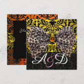 動物の毛皮を使用したプリントの弓形リボン　ゴールド　ブラック　ダマスク　モノグラム 招待状 (正面/裏面)