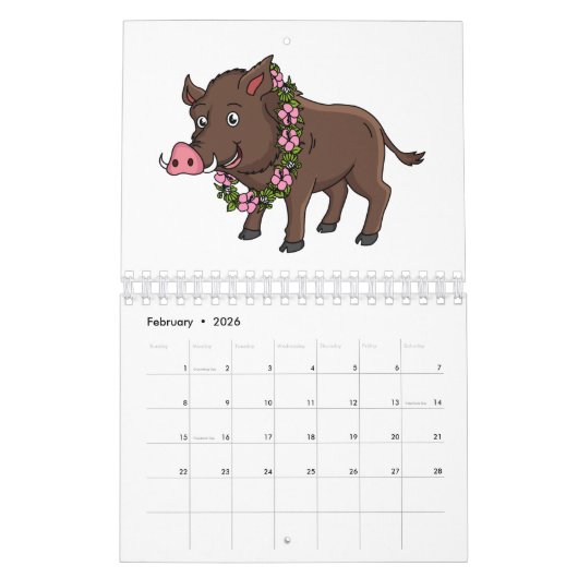 動物の漫画イラストレーション カレンダー (2月 2026)