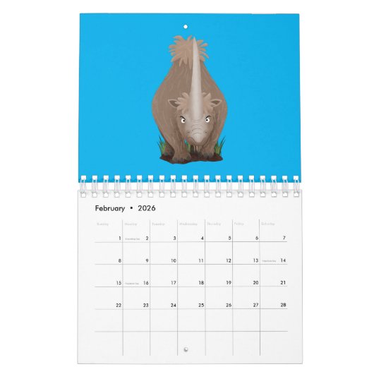 動物の漫画イラストレーション カレンダー (2月 2026)