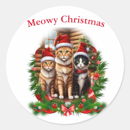 動物の猫クリスマス ラウンドシール (正面)